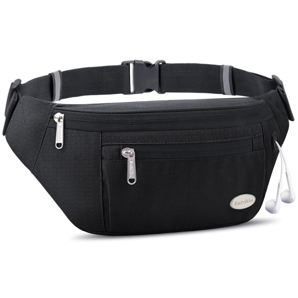 Entchin Fanny Pack for Women Men,Crossbody Belt Bag with 4-Zipper Pockets,Adjustable Waist Bag Pack,One of the Most Popular Travel Essential Gifts for Walking,Traveling,Cycling and Shopping (Black)