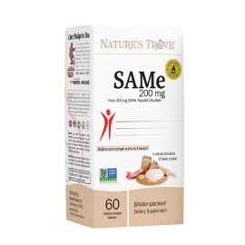SAM-e 200mg Daily Supplement - Vegan, Kosher, Non-GMO, Soy Free, Gluten Free - 60 Enteric Coated Tablets - Cold Form Blister Packed - by Natures Trove