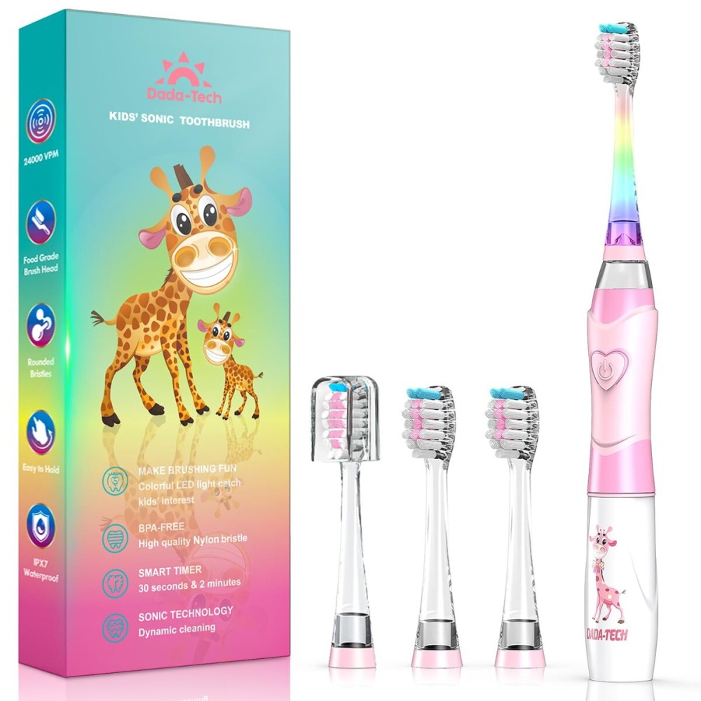 Kids Electric Toothbrush Toddler Toothbrush Age 2-4-8-12 Girls Electric Toothbrush with Timer Rainbow LED Light Up Vibrating Toothbrush Battery Operated Childrens Sonic Tooth Brush (Pink Giraffe)
