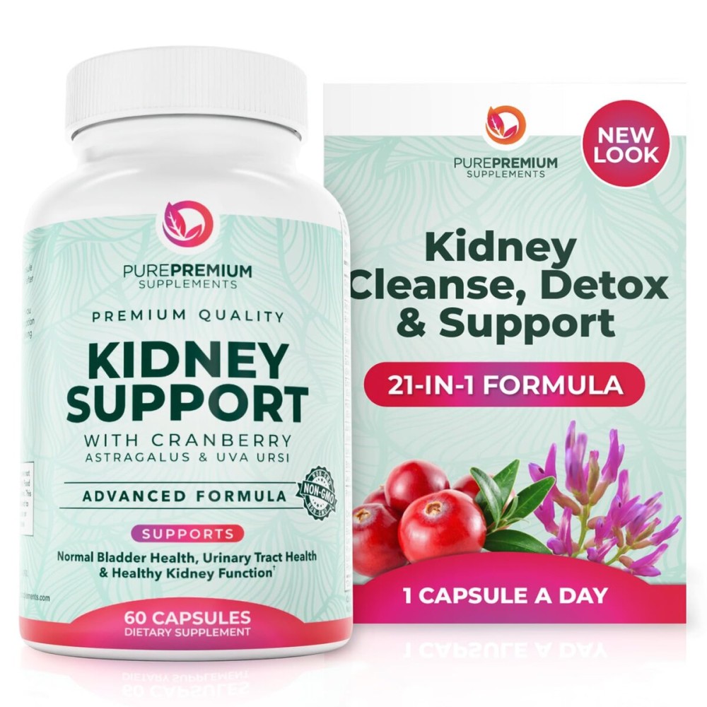 PurePremium Kidney Support Supplement - Kidney Cleanse Detox & Repair with Cranberry Extract & Astragalus - 21-in-1 Complex Supports Normal Bladder, Urinary Tract & Kidneys Health - 60 Day Supply