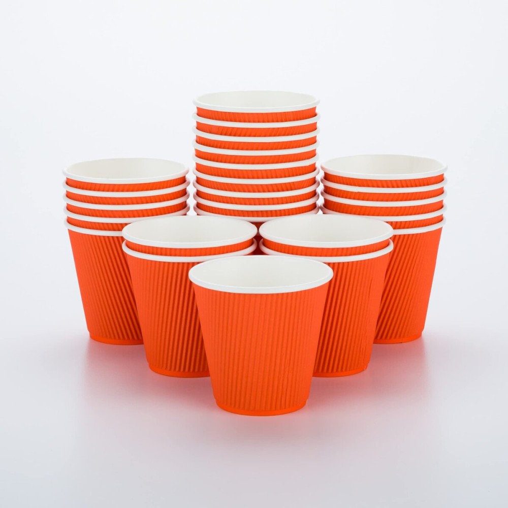 Restaurantware 8 Ounce Double Wall Disposable Coffee Cups, 25 Insulated Orange Paper Tumblers with Ripple Wall Design, Lids Sold Separately for Hot Drinks like Tea, Hot Chocolate, and More