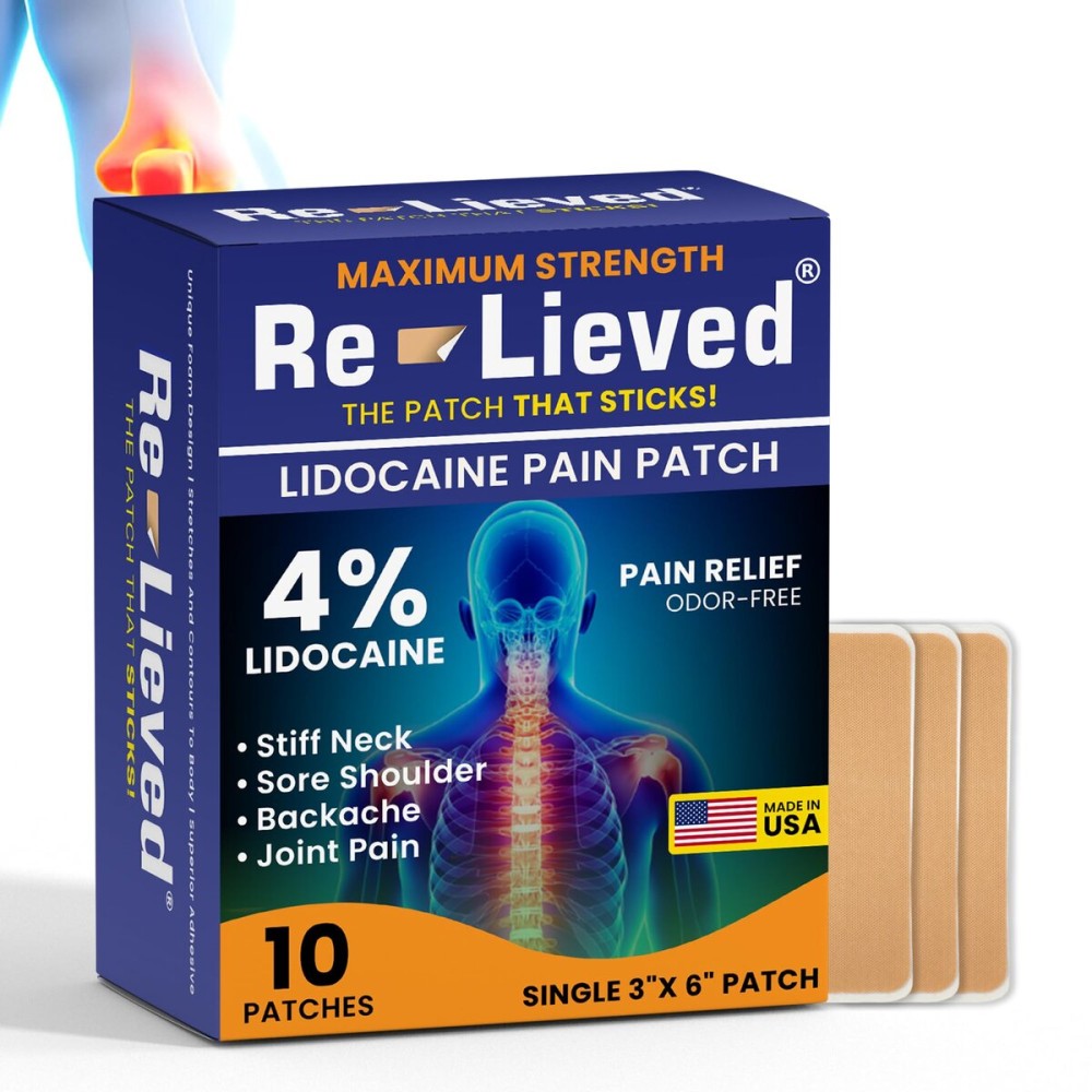 Re-lieved 4% Lidocaine Patches Maximum Strength - Aluminum-Free, Water Resistant and USA Made -Superior Sticking Pain Relief Patches Quickly Relieves Back, Joints and Muscle Pain-3x6 Inches(10 Count)
