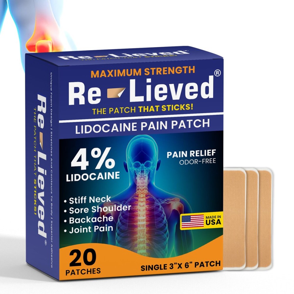 Re-Lieved 4% Lidocaine Patches Maximum Strength - Aluminum-Free, Water Resistant and USA Made -Superior Sticking Pain Relief Patches Quickly Relieves Back, Joints and Muscle Pain-3x6 Inches (20 Count)