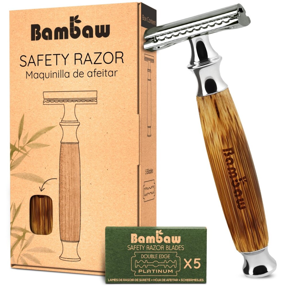 Bambaw Double Edge Safety Razor for Men & Women, Double Edge Razor with 5 Blades, Eco-Friendly Safety Razors, Reusable & Plastic Free - Thick Bamboo Silver