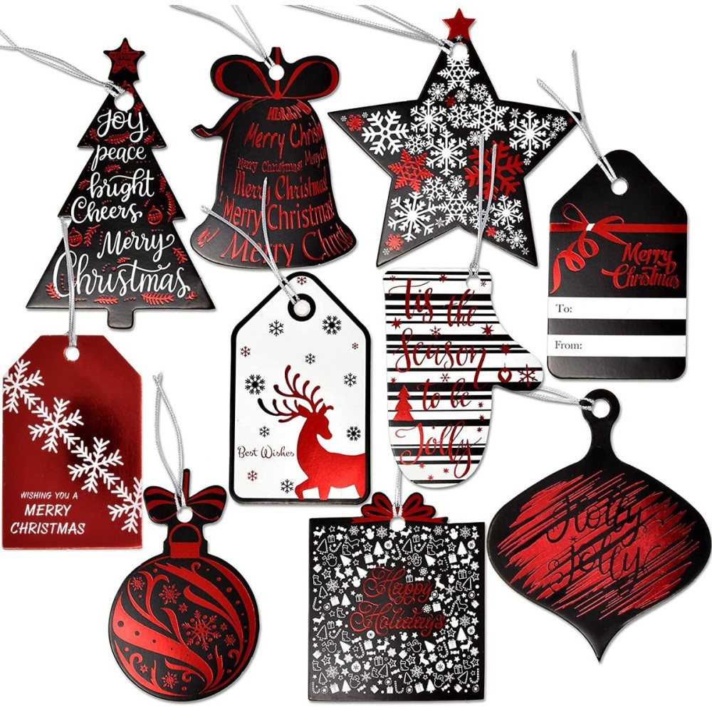 Gift Boutique 120 Elegant Christmas Gift Tags with Ribbon Tie Strings Attached 10 Designs Personalized Name Tag Labels Write On to & from for Gift Bags Wrapping Presents & Packages