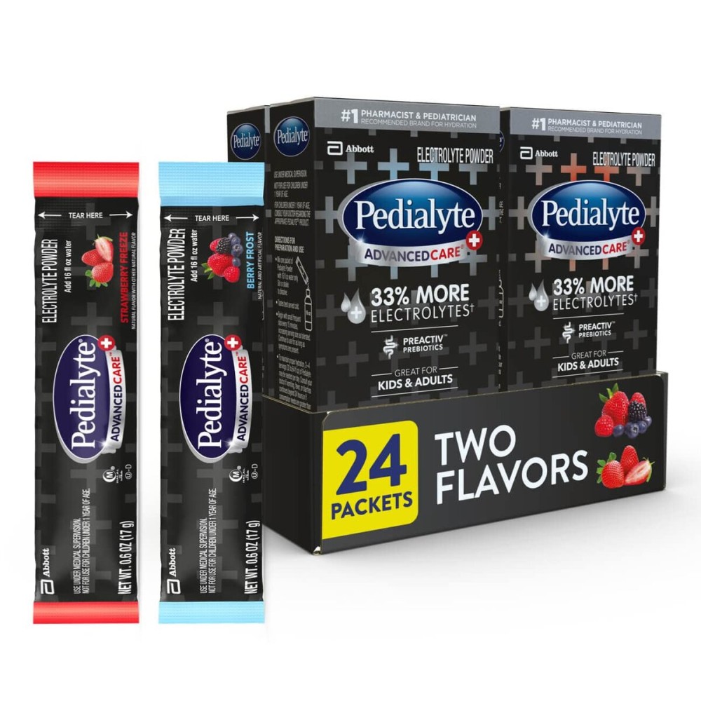 Pedialyte AdvancedCare Plus Electrolyte Powder, Has 33% More Electrolytes and PreActiv Prebiotics, Variety Pack: Berry Frost and Strawberry Freeze, 24 Powder Packets