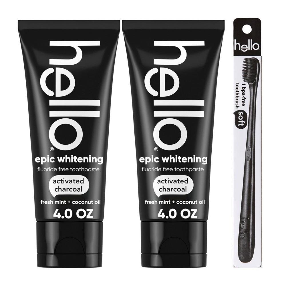 Hello Activated Charcoal Epic Teeth Whitening Fluoride Free Toothpaste and Toothbrush, Fresh Mint and Coconut Oil, Vegan, SLS Free, Gluten Free and Peroxide Free, 4 Ounce (Pack of 2)