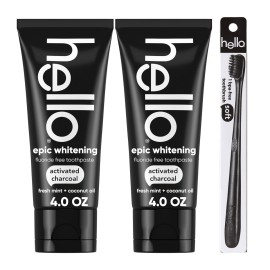Hello Activated Charcoal Epic Teeth Whitening Fluoride Free Toothpaste and Toothbrush, Fresh Mint and Coconut Oil, Vegan, SLS Free, Gluten Free and Peroxide Free, 4 Ounce (Pack of 2)