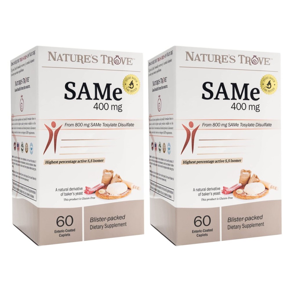 Nature\'s Trove SAM-e 400mg 120 Enteric Coated Caplets (2 Boxes of 60) - Vegan, Kosher, Non-GMO, Soy Free, Gluten Free - Mood and Joint Comfort - Cold Form Blister Packed