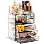Sorbus Acrylic Makeup Organizer Set, 6-Drawer Vanity & Countertop Cosmetic Storage with Small & Wide Compartments, Black-Tint Makeup Storage for Brushes, Jewelry - Holiday Gift for Women & Teens