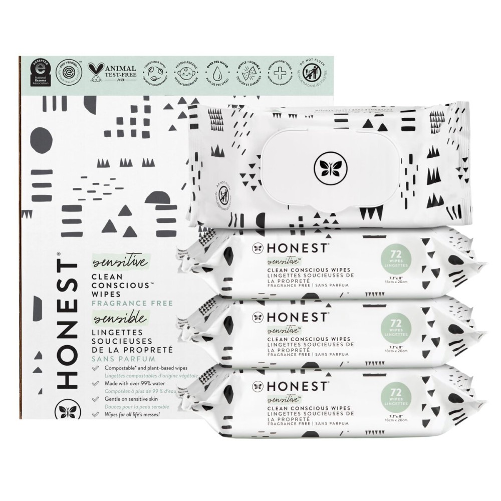 The Honest Company Clean Conscious Multi-Use Wipes Hypoallergenic Unscented for Sensitive Skin Over 99% Water Compostable Plant Based Baby Pattern Play 288 Count