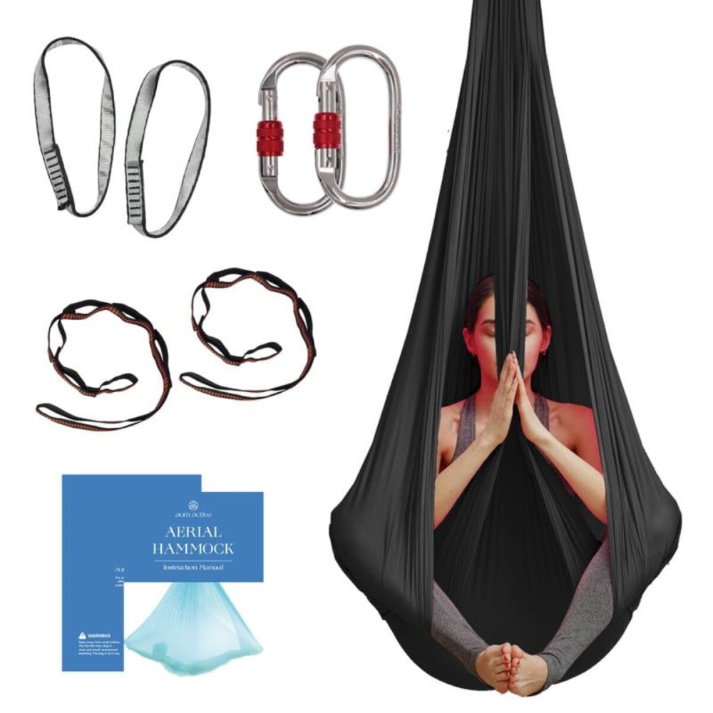 Aerial Silk Yoga Hammock & Swing for Home, Inversion Exercises, Starter Kit for All Levels - Durable with Extension Straps, Carabiners, and Pose Guide