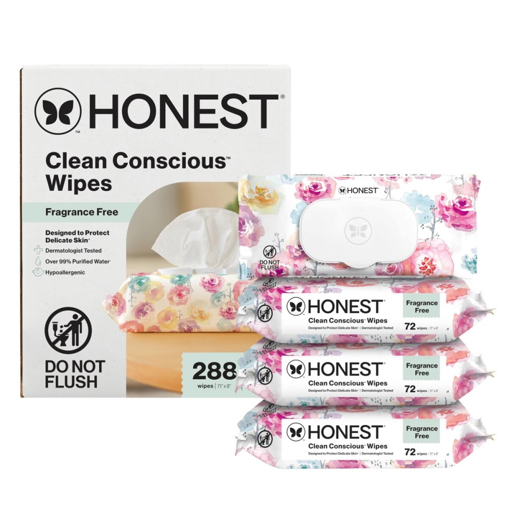 The Honest Company Clean Conscious Multi-Use Wipes Unscented Hypoallergenic Baby for Sensitive Skin 99% Water Plant-Based Compostable Rose Blossom 288 Count