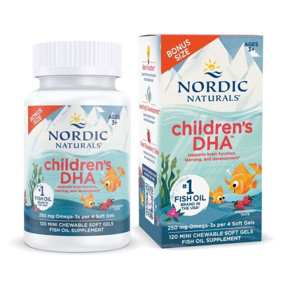Nordic Naturals Childrens DHA, Strawberry - 120 Mini Chewable Soft Gels for Kids - 250 mg Omega-3 with EPA & DHA - Brain Development & Function - Non-GMO - 30 Servings