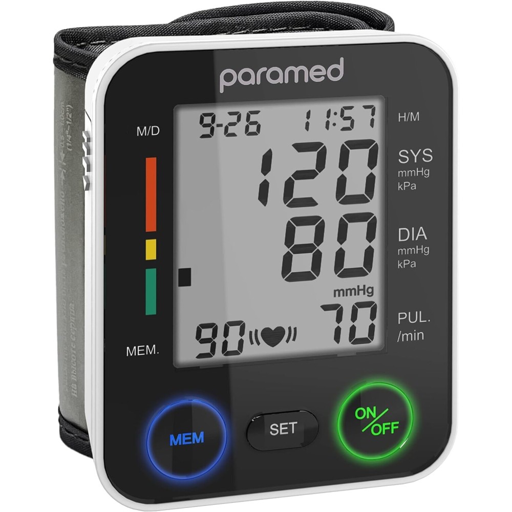 PARAMED Automatic Wrist Blood Pressure Monitor: Blood-Pressure Kit of Bp Cuff + 2AAA and Carrying case - Irregular Heartbeat Detector & 90 Readings Memory Function & Large Display