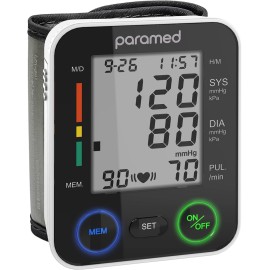 PARAMED Automatic Wrist Blood Pressure Monitor: Blood-Pressure Kit of Bp Cuff + 2AAA and Carrying case - Irregular Heartbeat Detector & 90 Readings Memory Function & Large Display