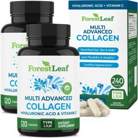 ForestLeaf Multi Collagen Pills with Hyaluronic Acid + Vitamin C | Hydrolyzed Collagen Supplements for Women or Men | Multi Collagen Capsules Peptides for Skin, Wrinkles, 240