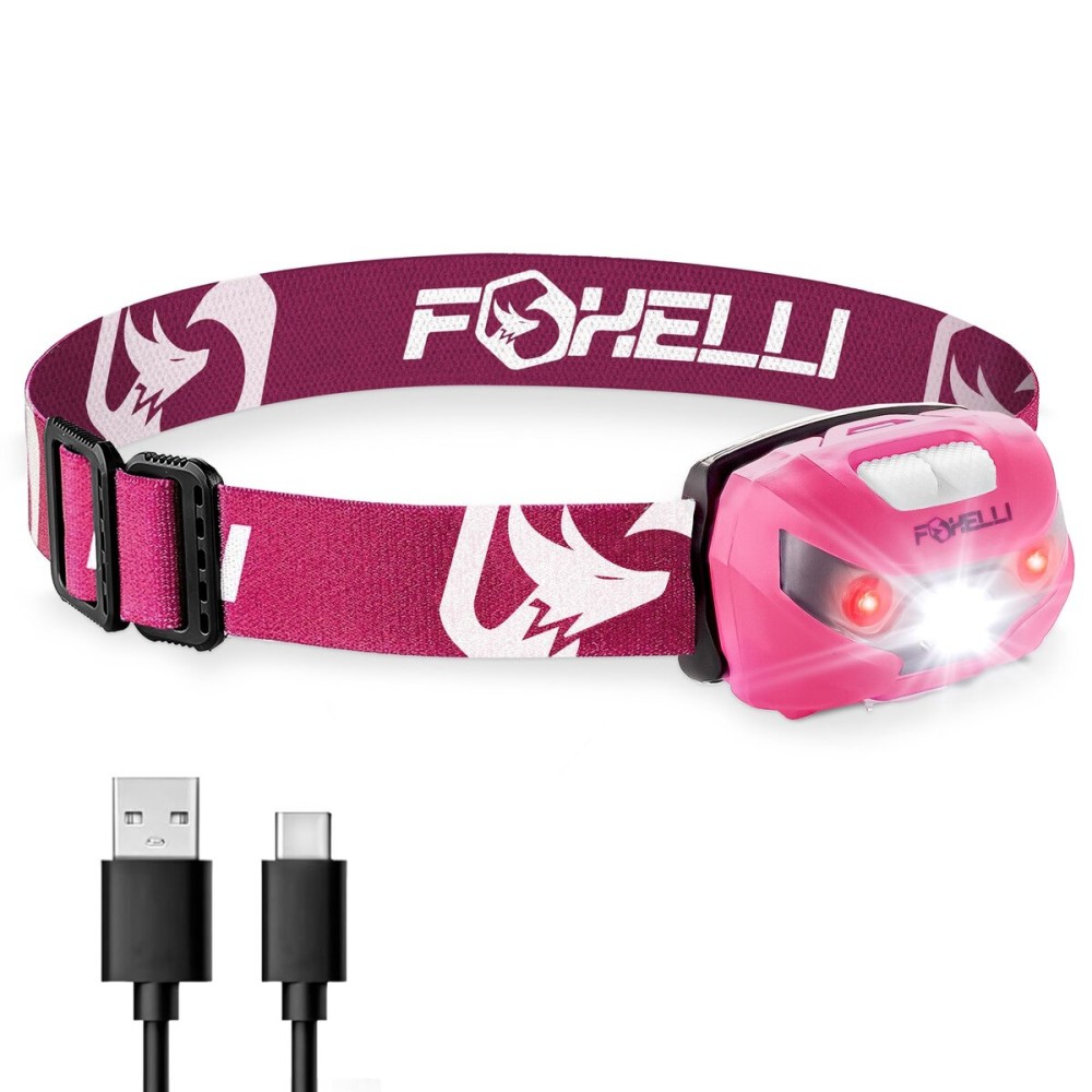 Foxelli USB-C Rechargeable LED Headlamp - Super Bright, Lightweight Head Lamp for Running, Camping, Hiking & Work - Comfortable Fit for Adults & Kids
