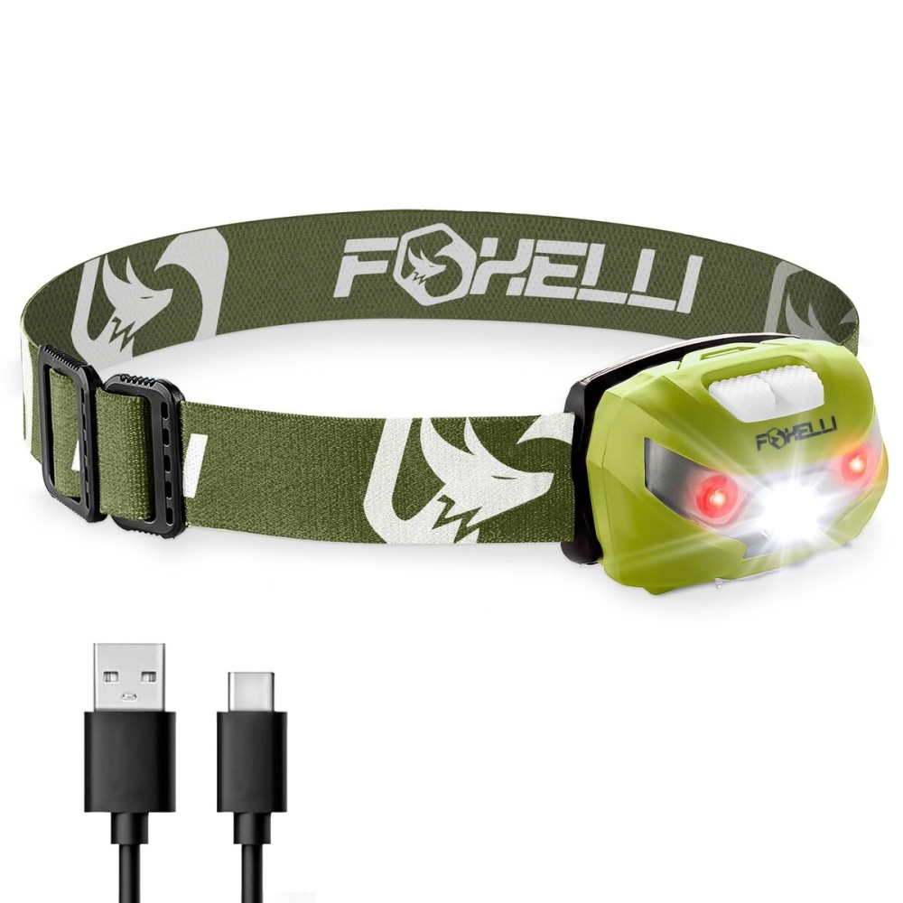 Foxelli USB-C Rechargeable LED Headlamp - Super Bright, Lightweight Head Lamp for Running, Camping, Hiking & Work - Comfortable Fit for Adults & Kids