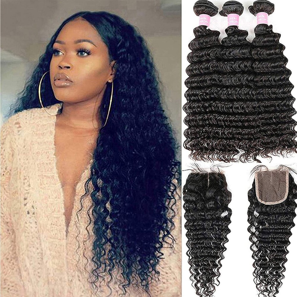 Brazilian 9A Deep Wave 3 Bundles with Closure Virgin Human Hair Bundles with 4x4 Middle Part Closure Unprocessed Virgin Human Hair Natural for Black Women(20 22 24+18)