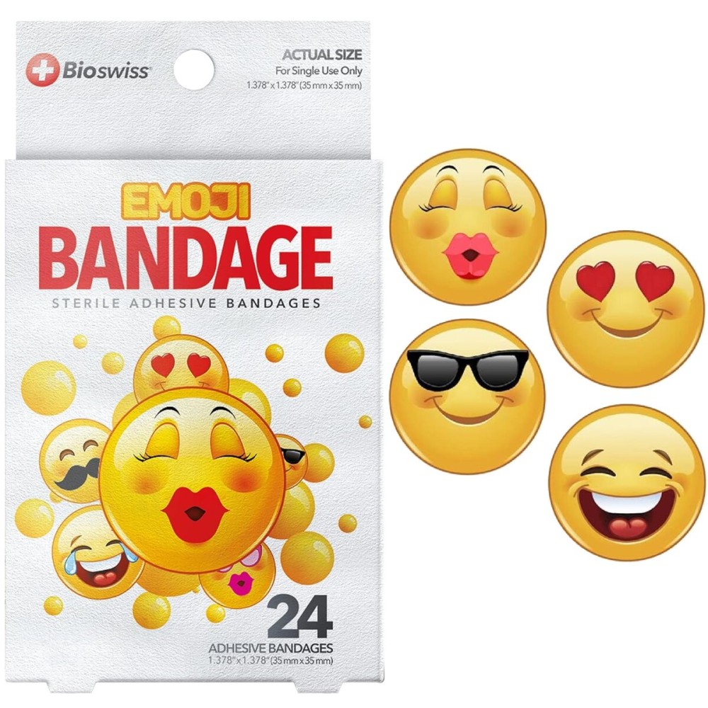 BioSwiss Bandages, Emoji Shaped Self Adhesive Bandage Set, Latex Free, Sterile Wound Care, 24 Count