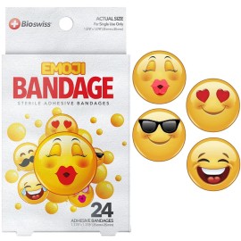 BioSwiss Bandages, Emoji Shaped Self Adhesive Bandage Set, Latex Free, Sterile Wound Care, 24 Count