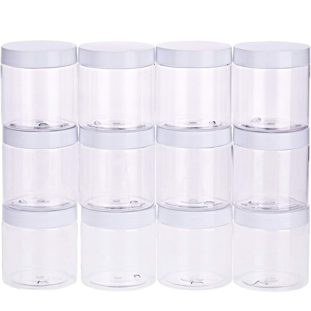 SATINIOR 12 Pack 8 oz Plastic Container Jars with Lids Round Clear Travel Cosmetic Container Jars for Toiletries, Lotion, Cream, Ointments, Makeup, Rhinestone, Samples, Kitchen Storage(White)
