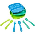 Re-play 3x3 Divided Toddler Plates and Utensils Set - Toddler Forks and Spoons Set - Dishwasher and Microwave Safe - Made in USA - Under the Sea
