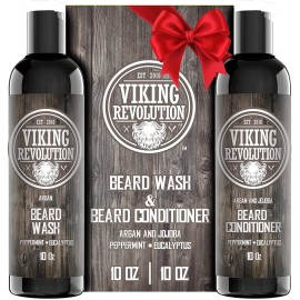 Viking Revolution Beard Shampoo and Conditioner Set - Top-tier Beard Care Kit with Argan & Jojoba Oils for Healthy Beard Growth, No Itching or Irritation, Rich Lather, Eucalyptus Scent (10 oz)