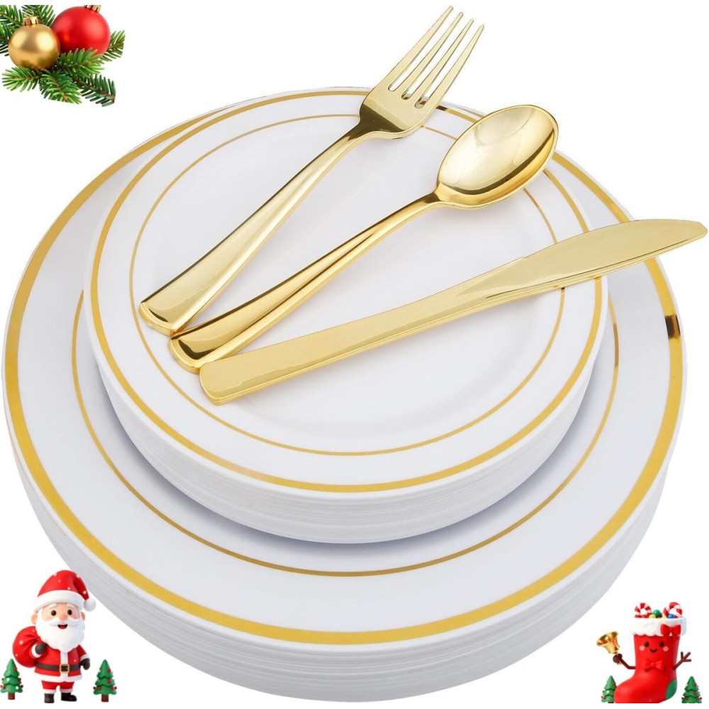 WDF-125 PCS Gold Plastic Plates - Fall Plates Disposable Include 25 Dinner Plate, 25 Salad Plate, 25 Forks, 25 Knives, 25 Spoons for Christmas/Parties
