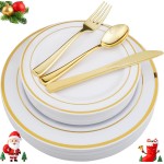 WDF-125 PCS Gold Plastic Plates - Fall Plates Disposable Include 25 Dinner Plate, 25 Salad Plate, 25 Forks, 25 Knives, 25 Spoons for Christmas/Parties