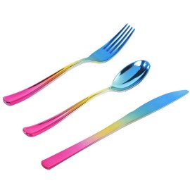 Supernal 120pcs Rainbow Plastic Silverware Set Colorful Party Utensils Blue Pink Gold Plastic Silverware Include 40 Rainbow Forks, 40 Gold Knives and 40 Blue Spoons for Trolls Party