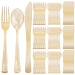 Supernal 300pcs Gold Glitter Plastic Cutlery Disposable Utensils Gold Plastic Silverware Sets Include 100 Forks, 100 Spoons & 100 Knives Serves for 100 Guests Suitable for Party,Thanksgiving