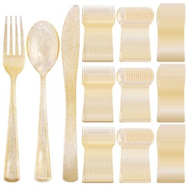 Supernal 300pcs Gold Glitter Plastic Cutlery Disposable Utensils Gold Plastic Silverware Sets Include 100 Forks, 100 Spoons & 100 Knives Serves for 100 Guests Suitable for Party,Thanksgiving