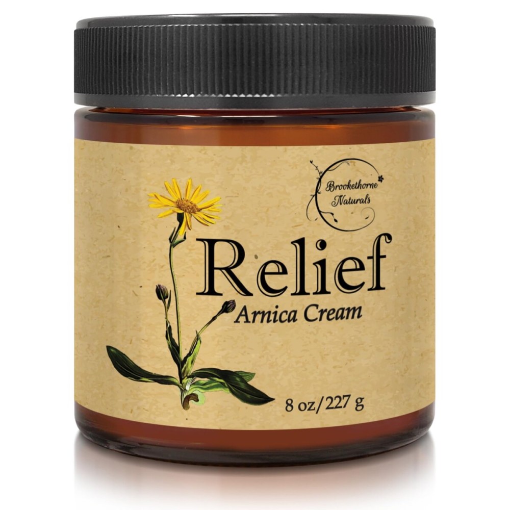 Relief Arnica Cream - Enriched with Lemongrass, Eucalyptus & Rosemary Essential Oils - All Natural Massage Lotion for Sore Muscles & Stiffness. Perfect for Massage Therapy by Brookethorne Naturals