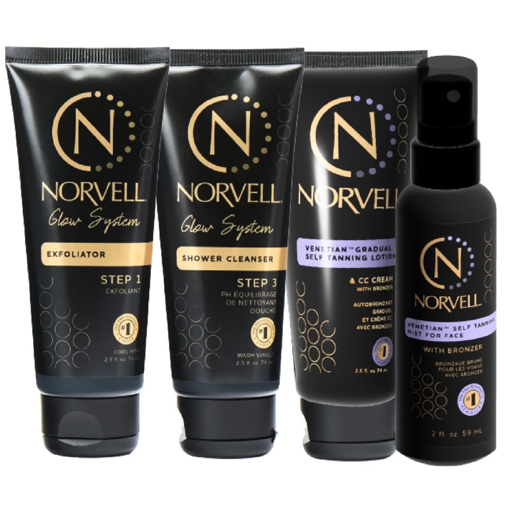 Norvell Venetian Self Tanner Maintenance Kit - Enhance Your Tan with Sunless Exfoliator 2.5 oz, Facial Tanning Mist 2 oz, pH Balancing Cleanser & Gradual Tanner 2.5 oz