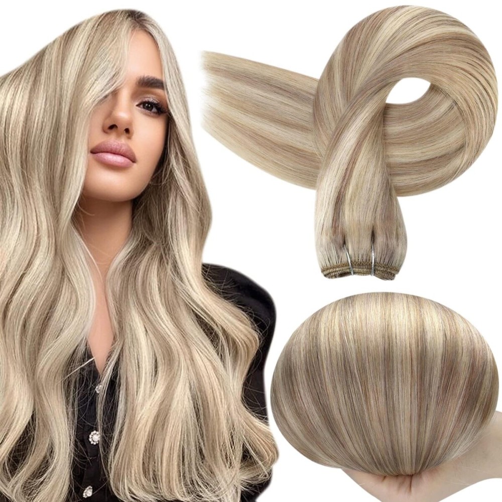 Full Shine Weft Hair Extensions Ash Blonde Hair Wefts Human Hair Sew in Blonde Highlight Human Hair Weft Extensions Full Ends Double Weft Remy Hair Extensions 20 Inch 105g 18/613