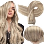 Full Shine Weft Hair Extensions Ash Blonde Hair Wefts Human Hair Sew in Blonde Highlight Human Hair Weft Extensions Full Ends Double Weft Remy Hair Extensions 20 Inch 105g 18/613