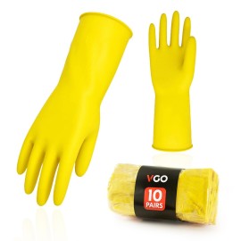 Vgo... 10-Pairs Reusable Household Gloves, Rubber Dishwashing gloves, Extra Thickness, Long Sleeves, Kitchen Cleaning, Working, Painting, Gardening, Pet Care (Size XL, Yellow, HH4601)
