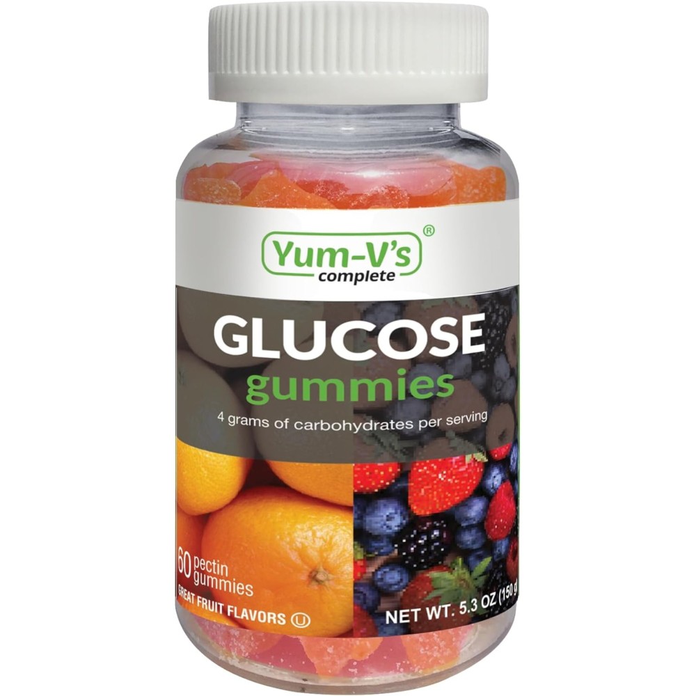 YUM-V\'S Glucose Gummies - Fast Acting Glucose Gummy - Great Tasting - Gluten Free, Vegan, Non-GMO - Orange & Berry Natural Flavor - 60 Chewable Gummies for Adults & Kids