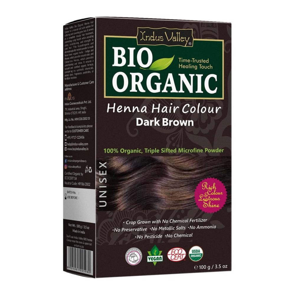Indus Valley Bio Organic Natural Henna Powder For Hair Dye Dark Brown- 3.5 Oz