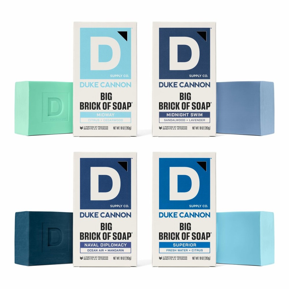 Duke Cannon Big Brick of Soap 4-Pack for Men - 10 oz Each - Long-Lasting Triple-Milled Bar Soap - Midway, Midnight Swim, Naval Diplomacy, Superior - Gift Set for Men