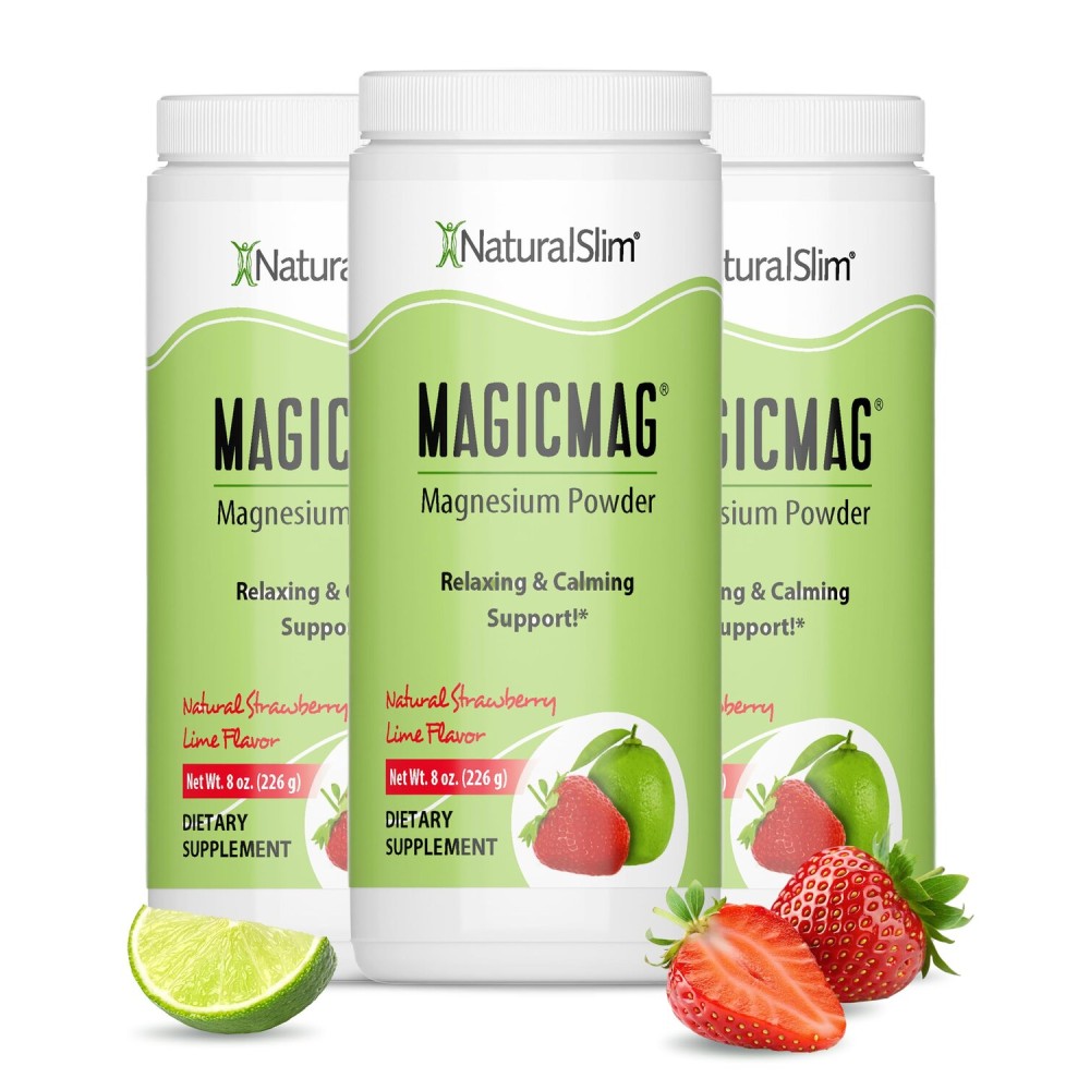 NaturalSlim Magicmag Pure Magnesium Citrate Powder - Stress, Constipation, Muscle, and Heart Support | Natural Strawberry & Lime Flavored Magnesium Supplement - 8oz Drink Mix (3 Pack)