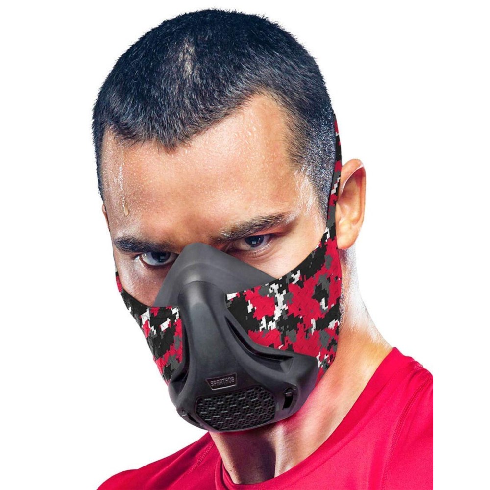 Sparthos High Altitude Mask for Training - for Gym Workout, Running, Cyclist, Cardio - Fitness Hypoxic Resistance Mask 2 3 - Urban Lung Exercise Face X Men Paintball [Red Camo + Case]