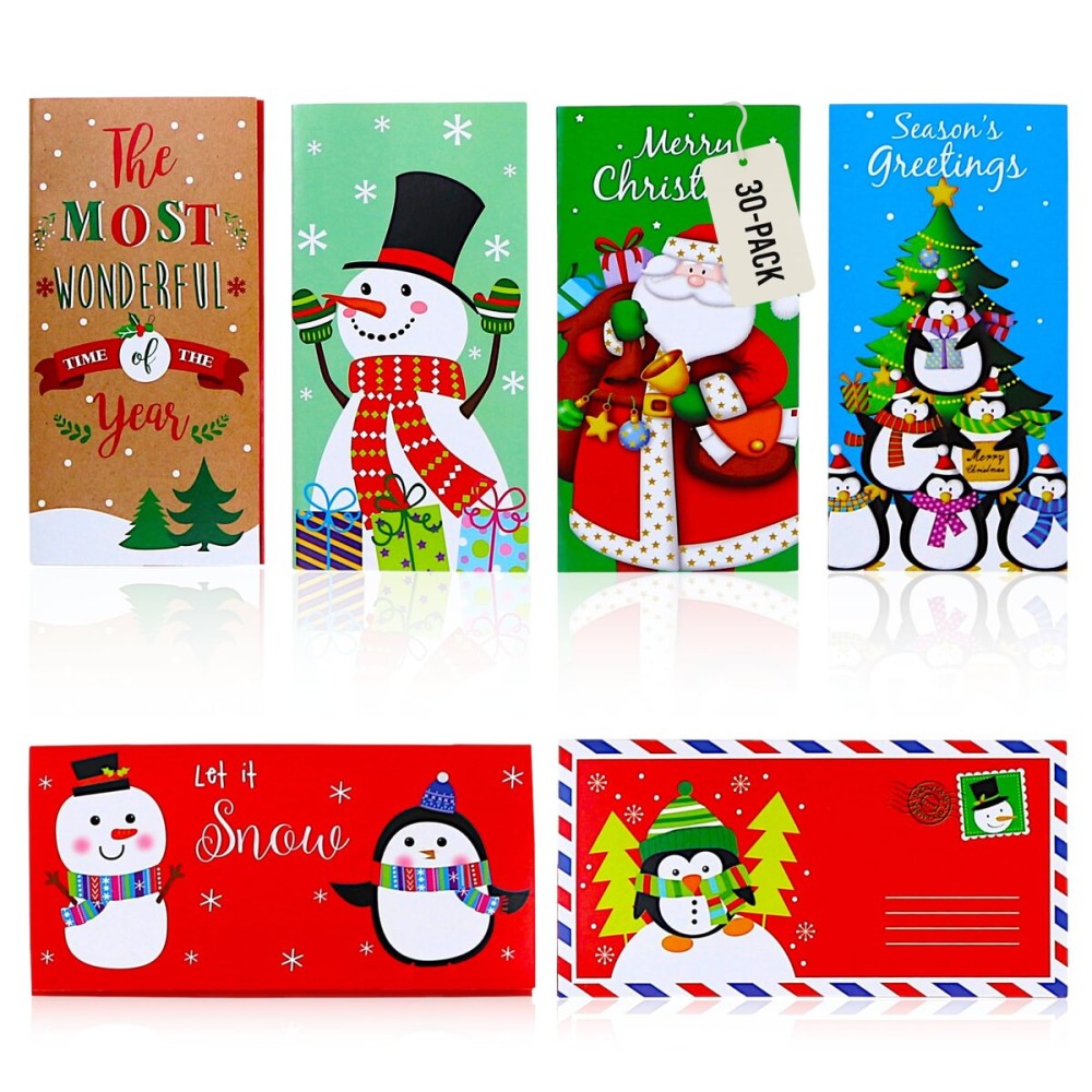 Iconikal 30-Pack Christmas Gift Card Money Holders with Envelopes 3.25x6.25-Inch 6 Festive Designs Holiday Cash Check Holder Party Favors