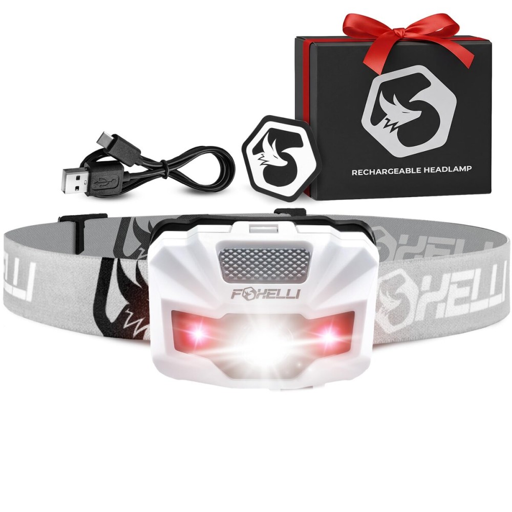 Foxelli USBCRechargeable LED Headlamp- UltraLight 2.4oz & Bright180Lumens- Red/White Light, 5Modes, IPX5 Waterproof, 40h Runtime for Trail Running, Camping, Hiking