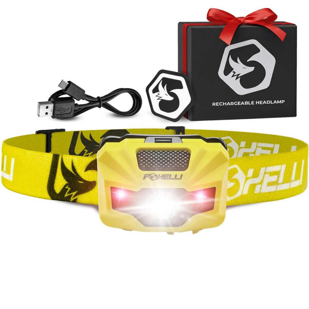 Foxelli USBCRechargeable LED Headlamp- UltraLight 2.4oz & Bright180Lumens- Red/White Light, 5Modes, IPX5 Waterproof, 40h Runtime for Trail Running, Camping, Hiking