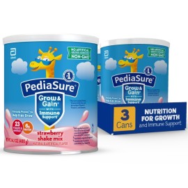 PediaSure Grow & Gain with Immune Support Shake Mix Powder, 23 Vitamins & Minerals, 6g Protein, Non-GMO, Gluten-Free, Strawberry, 14.1 oz Can, Pack of 3-24 Servings