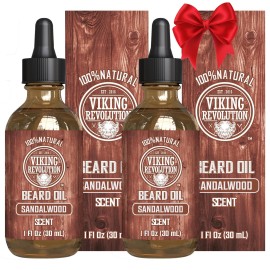 Viking Revolution Sandalwood Beard Oil for Men - Natural Mens Beard Oil with Argan Oil and Jojoba Oil - Beard Softener, Strengthens and Moisturizes - Beard Conditioner for Men (Sandalwood, 2 Pack)