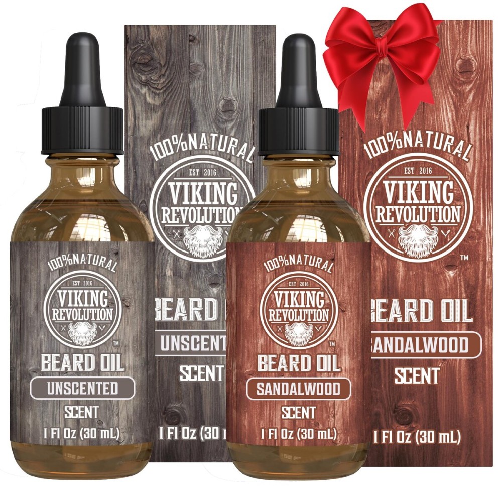 Viking Revolution Sandalwood and Unscented Beard Oil for Men - Natural Mens Beard Oil with Argan Oil and Jojoba Oil - Beard Softener, Strengthens and Moisturizes - Beard Conditioner for Men (2 Pack)